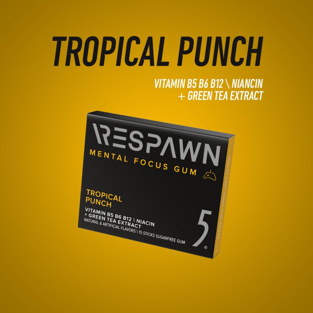 RESPAWN by 5 GUM Mental Focus Gum, Tropical Punch Sugar Free Chewing Gum, 15 Sticks