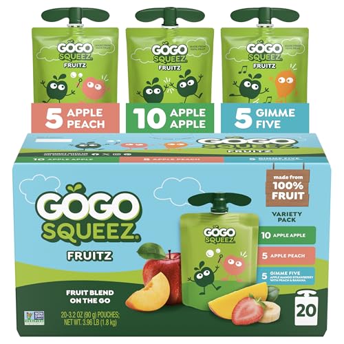 GoGo squeeZ Applesauce and Fruit Puree Variety Pack, Apple, Peach & Gimme Five!, 3.2 oz (Pack of 20), Unsweetened Fruit Snacks for Kids, Gluten Free