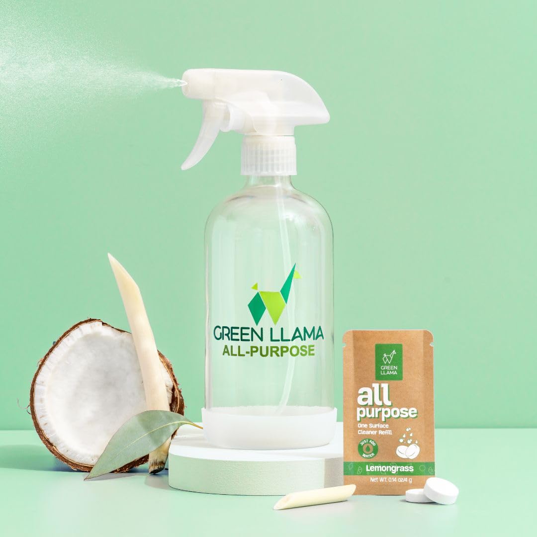 Green Llama Eco-Friendly All-Purpose Cleaning Spray | 16oz Glass Bottle, 3 Refill Tablets | Lemon Grass Scent | Natural, Sustainable, Safe for Home