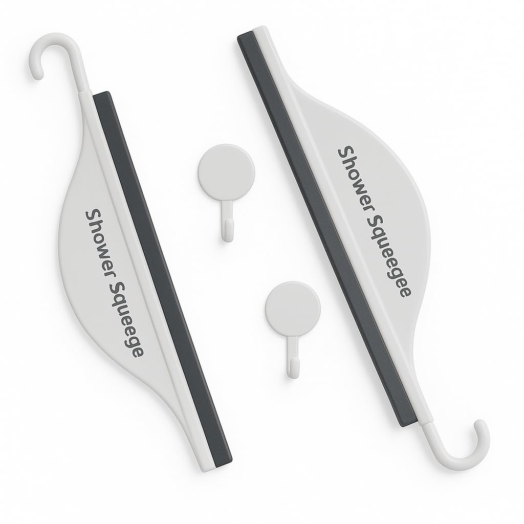 Mini Shower Squeegee for Glass Doors - Small Handy Bathroom, Countertop & Window Cleaner with Rubber Blade and Hook for Tile Walls, Mirrors, Kitchen