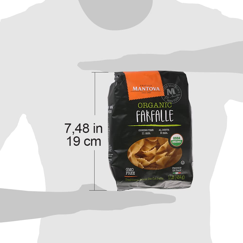 Mantova Italian Organic Pasta Bowtie Farfalle - 100% Durum Semolina Organic Farfalle -Product Of Italy, 1 Pound, (Pack of 6)