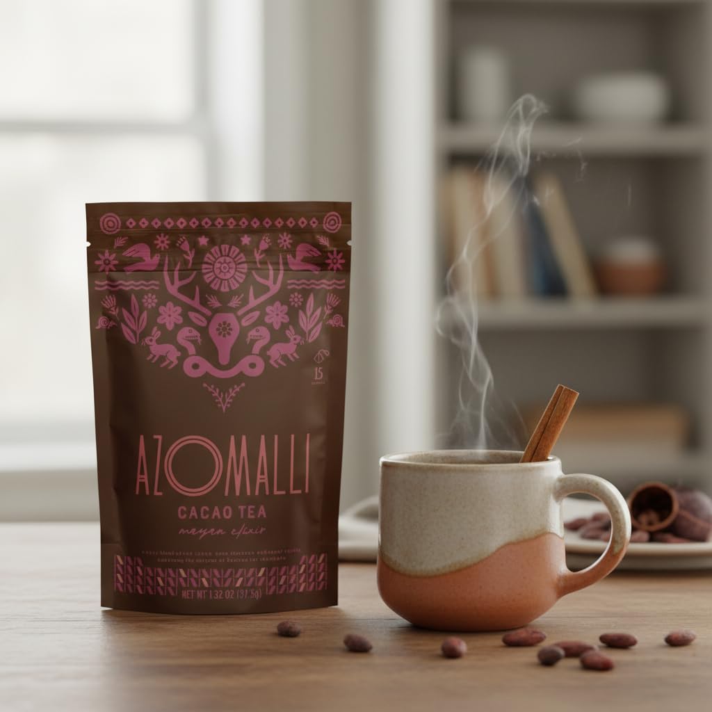 Mayan Elixir Organic Cacao Shell Tea, 15 Pyramid Sachets, Naturally Caffeine-Free, Antioxidant-Rich Herbal Tea, Non-GMO, Vegan, Non-Toxic, Food-Grade