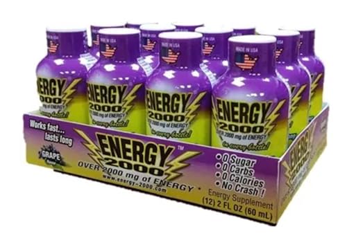 Global Brands Energy 2000 Drink Shot Packs, Over 220mg of Caffeine, No Crash, 12-2oz Bottles (Pack of 12) (Grape)