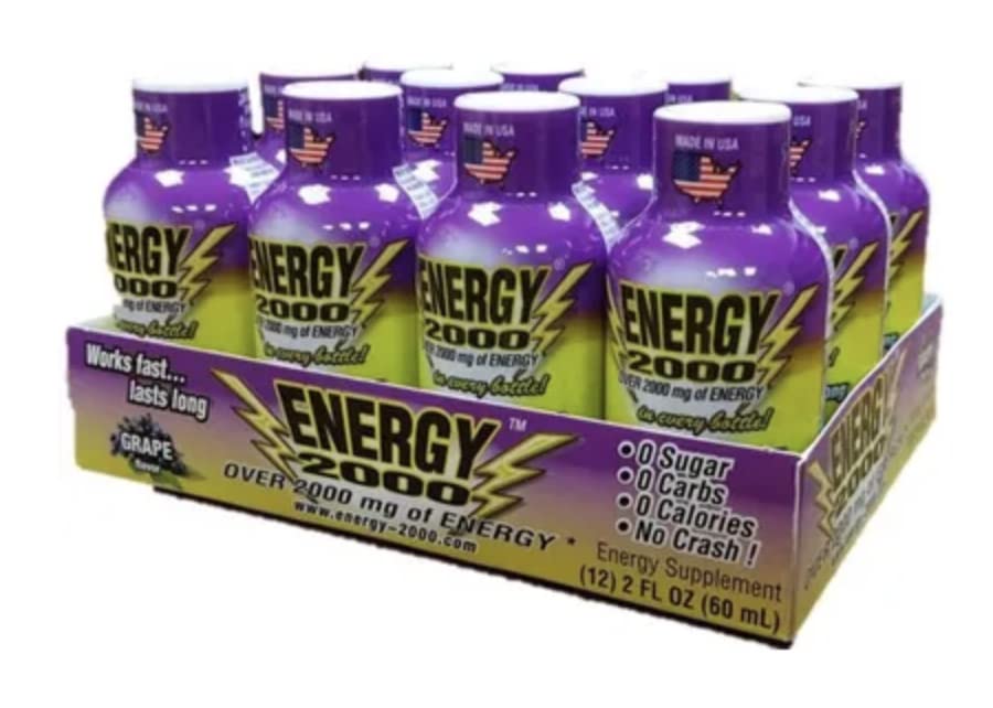 Global Brands Energy 2000 Drink Shot Packs, Over 220mg of Caffeine, No Crash, 12-2oz Bottles (Pack of 12) (Grape)