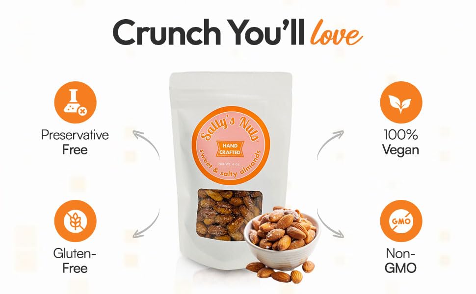 Sally's Nuts - Premium Hand Crafted Sweet & Salty Nuts - Vegan, Gluten Free, Preservative Free, Certified Kosher Hand Made in Small Batches (8oz