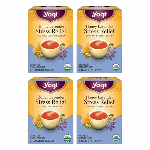 Yogi Tea Honey Lavender Stress Relief - 16 Bags per Pack (4 Packs) - Organic Chamomile Lavender Tea - Includes Lemon Balm, Lemongrass, Spearmint Leaf