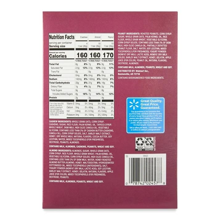 Great Value Sweet & Salty Chewy Granola Bars, Variety Pack, Peanut, Almond, Cashew, 1.2 oz Bars, 24 Count, Pack of 2, 48 Bars Total