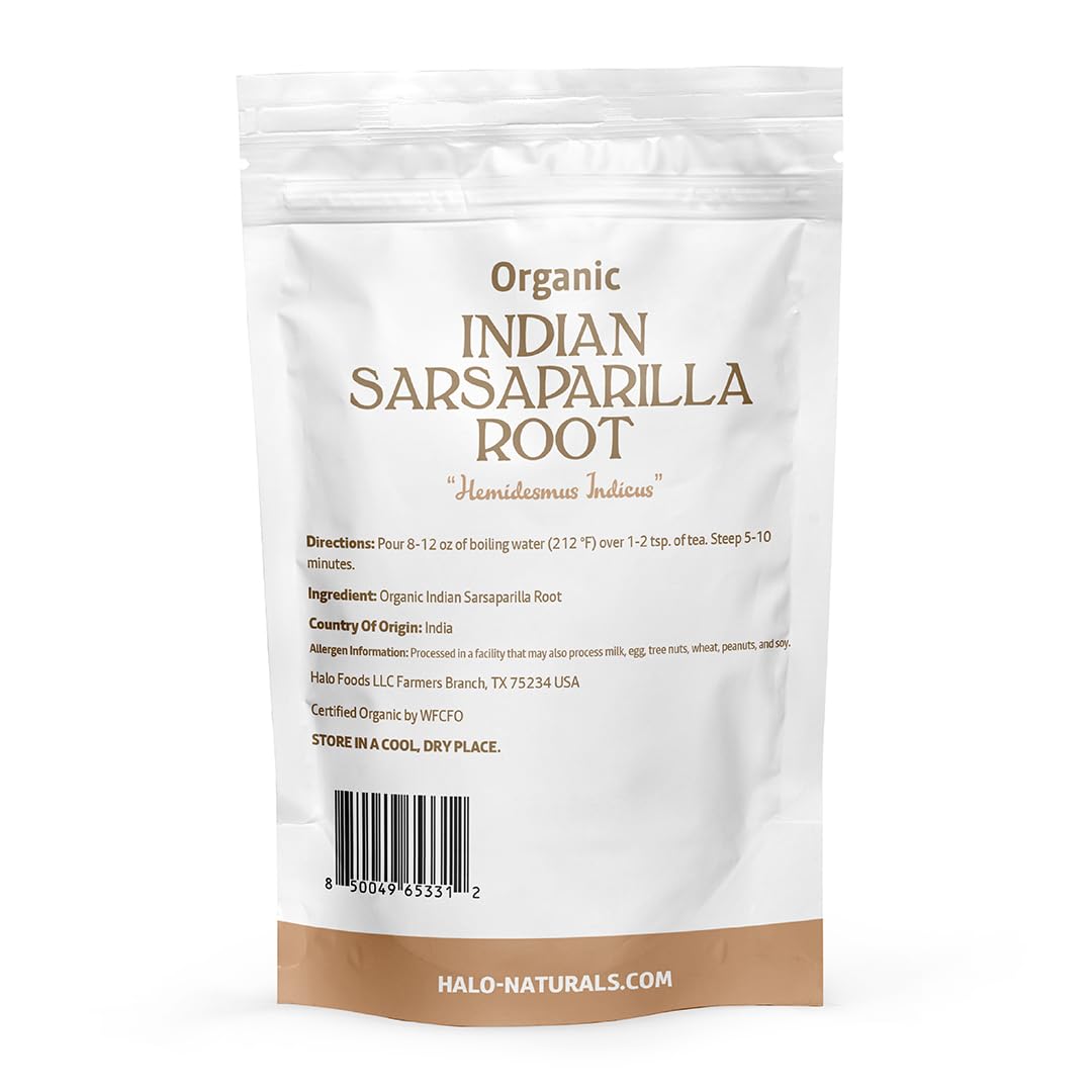 Halo Naturals Organic Sarsaparilla Root Cut & Sifted (Indian), 4 Ounces (Hemidesmus indicus) USDA Certified | Resealable Pouch| Packaged in The USA