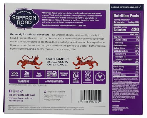 Saffron Road Frozen Chicken Biryani - High Protein, Seed Oil Free, Chickens Raised with No Antibiotics, No Artificial Ingredients, Gluten-Free - 10