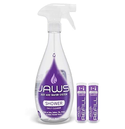 JAWS Cleaner Shower Cleaner Bottle with 2 Refill Pods. Refillable Cleaning Supplies.