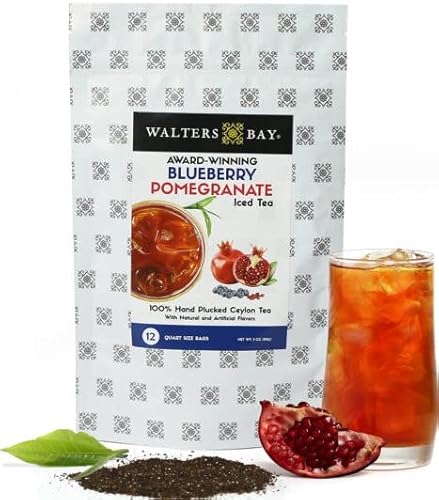Walters Bay Blueberry Pomegranate Iced Tea, 12 Count, Quart Sized Tea Bags, Ceylon Black Tea, Unsweetened, Wild Blueberry Pomegranate Flavor, 100%