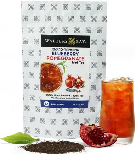 Walters Bay Blueberry Pomegranate Iced Tea, 12 Count, Quart Sized Tea Bags, Ceylon Black Tea, Unsweetened, Wild Blueberry Pomegranate Flavor, 100%