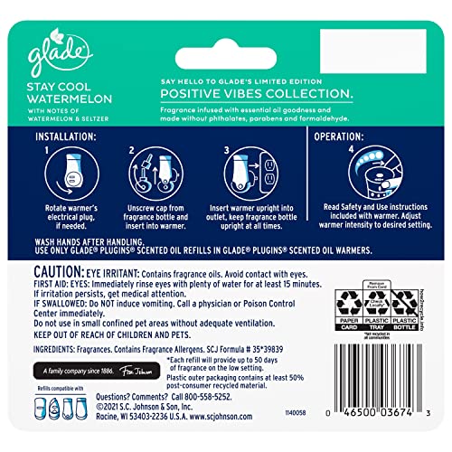 Glade PlugIns Refills Air Freshener, Scented and Essential Oils for Home and Bathroom, Stay Cool Watermelon, 3.35 Fl Oz, 5 Count