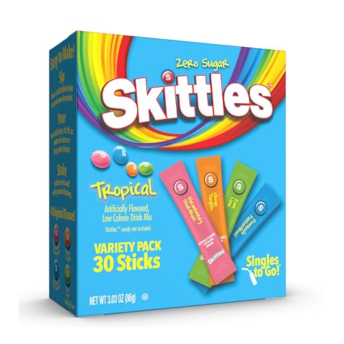 SINGLES TO GO! Skittles Singles To Go Tropical Flavors Variety Pack, Powdered Drink Mix, Strawberry Starfruit, Mango Tangelo, Kiwi Lime, Pineapple