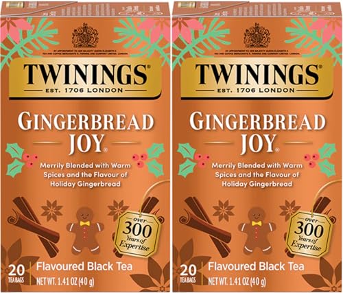 Twinings Gingerbread Joy Holiday Tea, Black Tea Naturally Flavored with Cinnamon and Ginger, Tea Bags Individually Wrapped, 20 Count Ea (Pack of 2)