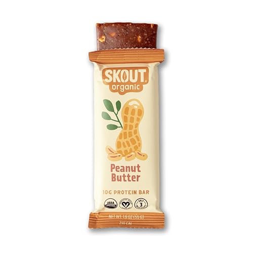Skout Organic Plant-Based Protein Bars Peanut Butter (12 Pack) - 10g Protein - Vegan Protein Bars - Only 3 Ingredients - Easy Snack - Gluten, Dairy