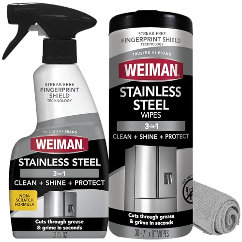 Weiman Stainless Steel Cleaner & Polish Kit, 3 Piece - Spray, Wipes & Cloth, Anti-Fingerprint, Removes Grease, Water Spots, Streaks & Residue