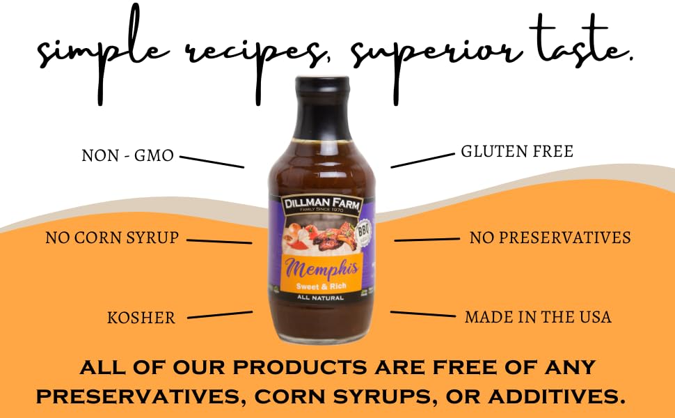 Dillman Farm Memphis All Natural Barbecue Sauce, Sweet & Rich - Gluten-Free, Non-GMO, Eco-Friendly Vegan, Kosher, Preservative Free, Corn Syrup Free