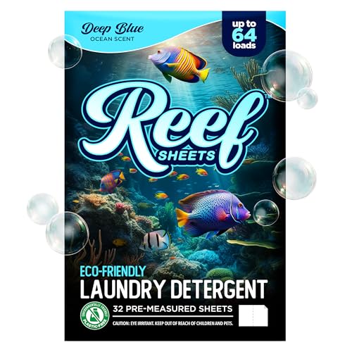 Reef Sheets Laundry Detergent Sheets, 64 loads, Hypoallergenic & Plastic-Free Eco-Friendly Packaging, Gentle on Skin, Tough on Stains