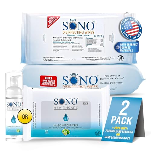 SONO Disinfecting Wipes - 160 Count (Pack of 2) + Sanitizer, Medical-Grade, Alcohol-Free, No Bleach, Gentle & Effective Multi-Surface Cleaning