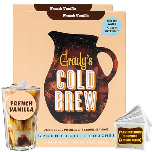 GRADY’S COLD BREW, French Vanilla, 100% Arabica Ground Coffee & Chicory Pouches, TWO Bundles of 4 Easy-to-Brew Bean Bags, Makes 24 drinks