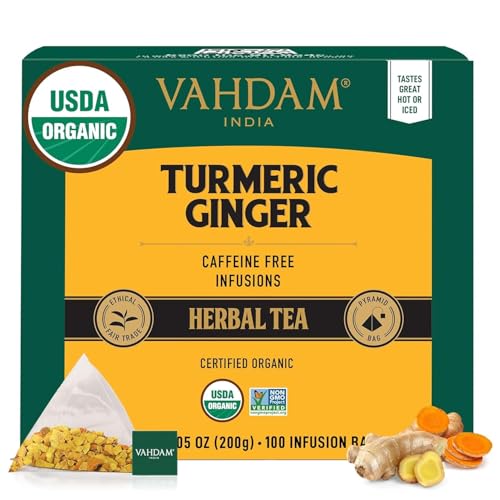 VAHDAM Organic Turmeric Ginger Herbal Tea Bags (100 Pyramid Tea Bags) Caffeine Free, Non GMO | 100% Pure Herbal Blend - Savory & Spicy, Plant-Based