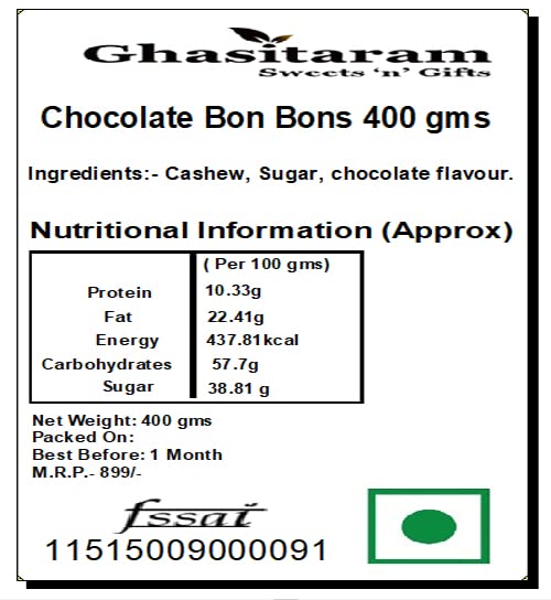 Ghasitaram Gifts Indian Sweets - Chocolate Bon Bons 400 GMS