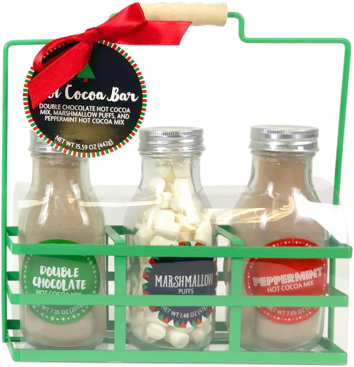 Double Chocolate and Peppermint Hot Chocolate Gift Set, with Marshmallows - Red or Green Fancy Holiday Hot Cocoa Mix in Glass Bottles - Family Hot