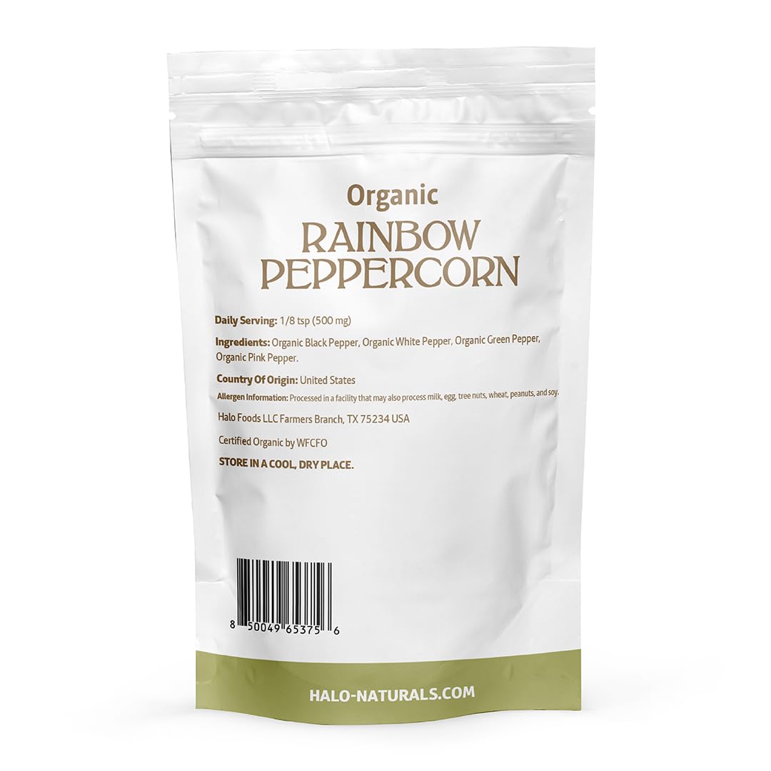 Halo Naturals Organic Rainbow Peppercorn Blend, 1 Pound USDA Certified | Resealable Pouch| Packaged in The USA