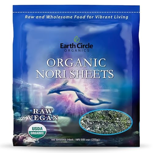 Earth Circle Organics | Organic Nori Seaweed Sheets - Raw, Unheated & Not Roasted | Grade A Certified | Vegan, Paleo, Keto Friendly | Premium Nori