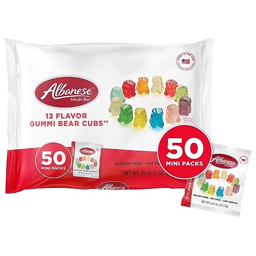 Albanese World's Best 12 Flavor Gummi Bear Cubs | 50-0.5oz Snack Packs of Candy | Miniature, Individually Wrapped, Soft Gummy |Cherry, Blue Raspberry