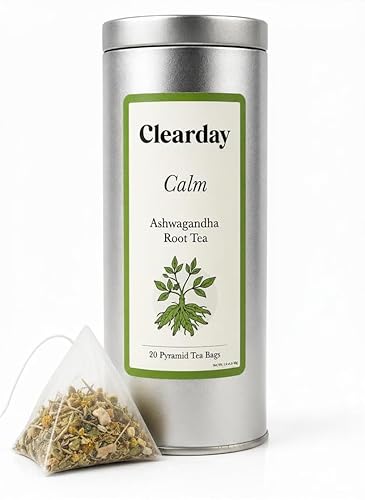 Clearday Calm Ashwagandha Tea with Chamomile, Lemon Balm & Spearmint | Herbal Stress Relief Tea for Daily Calm | 20 Pyramid Bags | Premium Tin