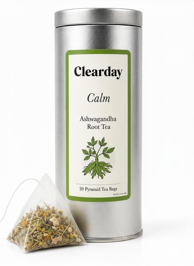 Clearday Calm Ashwagandha Tea with Chamomile, Lemon Balm & Spearmint | Herbal Stress Relief Tea for Daily Calm | 20 Pyramid Bags | Premium Tin