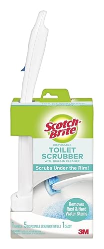 Scotch-Brite Disposable Toilet Scrubber Starter Kit, Disposable Refills with Built-In Bleach Alternative, Includes 1 Handle, Storage Caddy and 5