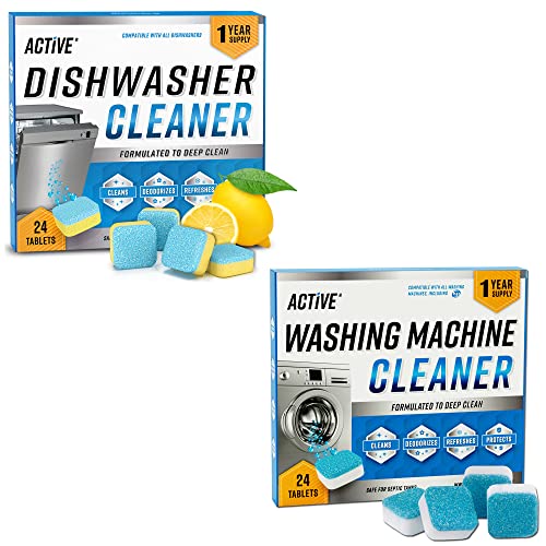 ACTIVE Washing Machine And Dishwasher Cleaning Tablets Bundle - Includes 12 Month Supply Dishwasher Cleaner Deodorizer & Washing Machine Descaler Deep