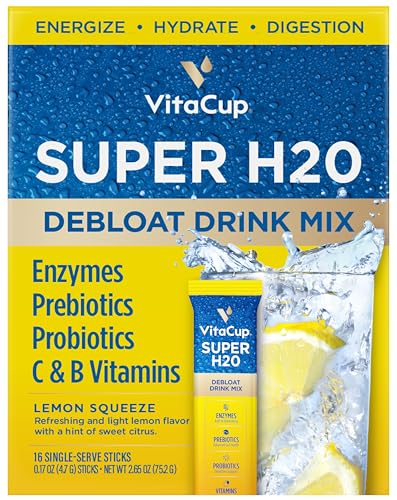 VitaCup Super H2O Bloating Relief and Digestive Health Drink Mix Packets, Probiotics, Prebiotics, C & B Vitamins, Lemon Flavor Water Enhancer Packets