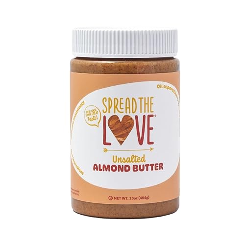 Spread The Love UNSALTED Almond Butter, 16 Ounce (All Natural, Vegan, Gluten-free, Creamy, No added salt, No added sugar, No palm fruit oil, Not