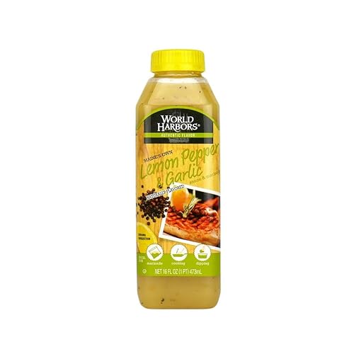 World Harbors Lemon Pepper Garlic Sauce & Marinade, Made in Maine, Ideal for Turkey Injector, Chicken Wings, Seafood, Grilled Meats, Stir-Fries