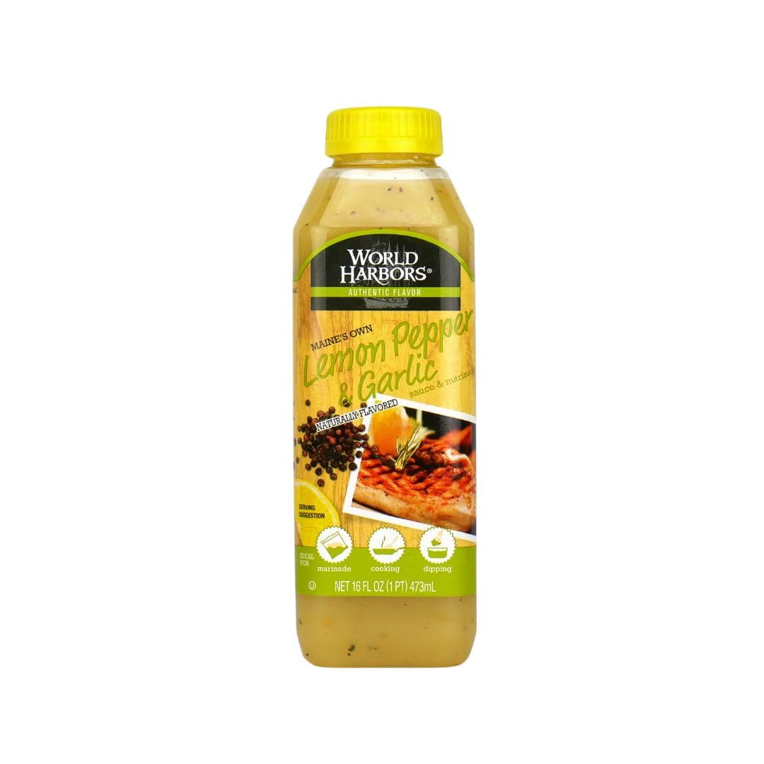 World Harbors Lemon Pepper Garlic Sauce & Marinade, Made in Maine, Ideal for Turkey Injector, Chicken Wings, Seafood, Grilled Meats, Stir-Fries