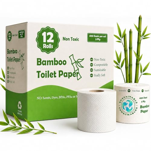 12 Rolls 100% Bamboo Toilet Paper, 3-Ply 400 Sheets | Healthy Tree Free Tissue | FSC Certified, Septic Safe, PFAS Free, Plastic Free Packaging