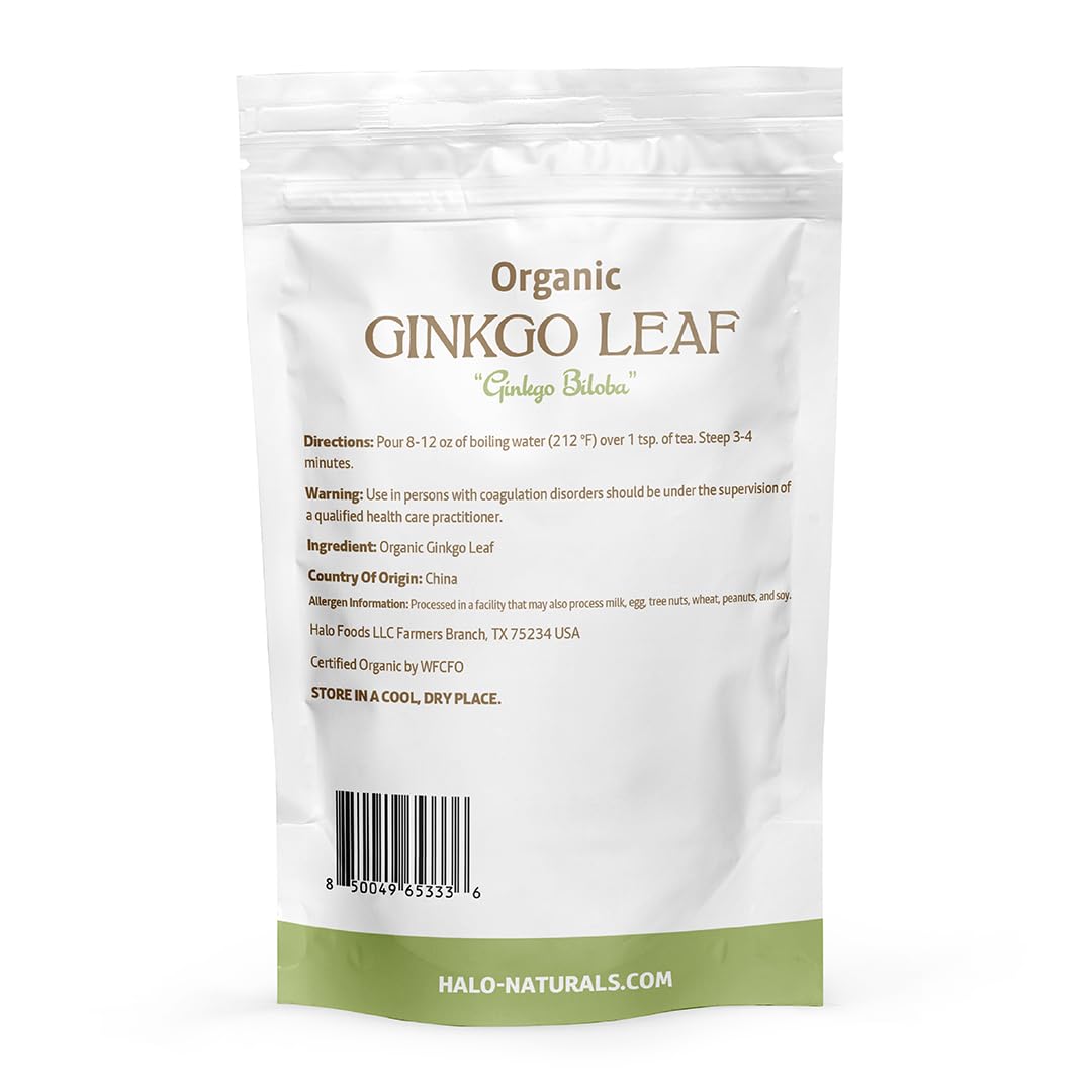 Halo Naturals Organic Ginkgo Leaf Cut & Sifted, 4 Ounces (Ginkgo biloba) USDA Certified | Resealable Pouch| Packaged in The USA