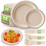 Gezond 250Pcs Disposable Paper Plates Set, Compostable Plate Sugarcane Utensils Eco Friendly Dinnerware Kit Includes 50 Biodegradable Plates, Forks