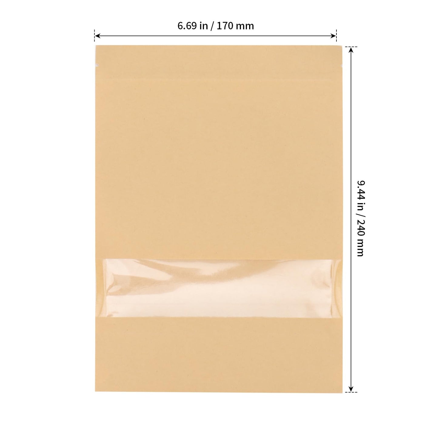 SHEUTSAN 200 Pack 6.6 x 9.4 Inch Kraft Stand Up Zip Lock Pouches, 17 x 24cm Brown Resealable Bags with Window, Reusable Kraft Zipper Paper Bags