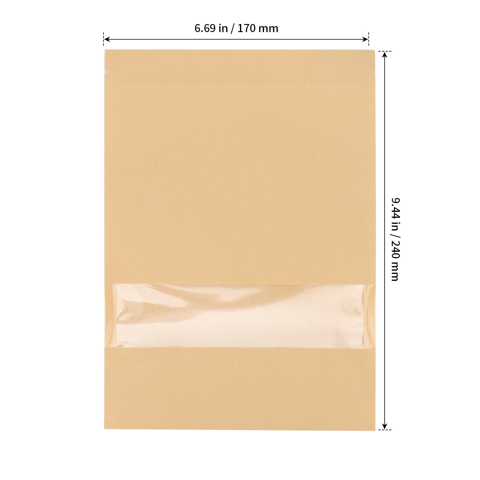 SHEUTSAN 200 Pack 6.6 x 9.4 Inch Kraft Stand Up Zip Lock Pouches, 17 x 24cm Brown Resealable Bags with Window, Reusable Kraft Zipper Paper Bags