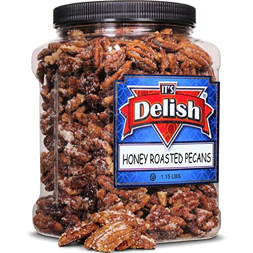 Honey Roasted Pecans by It's Delish, 1.15 LBS Reusable Jumbo Container | Gourmet Pecan Nuts in Honey Sugar Coating, Sweet & Heart Healthy Salted Nut