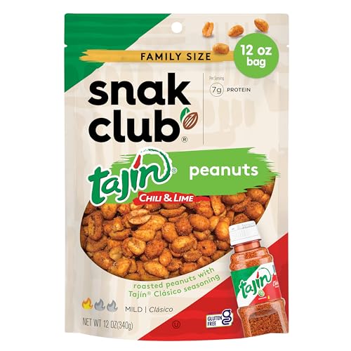 Snak Club Tajin Peanuts, Roasted Nuts with Chili and Lime Seasoning, Mild, 12 oz Resealable Bag