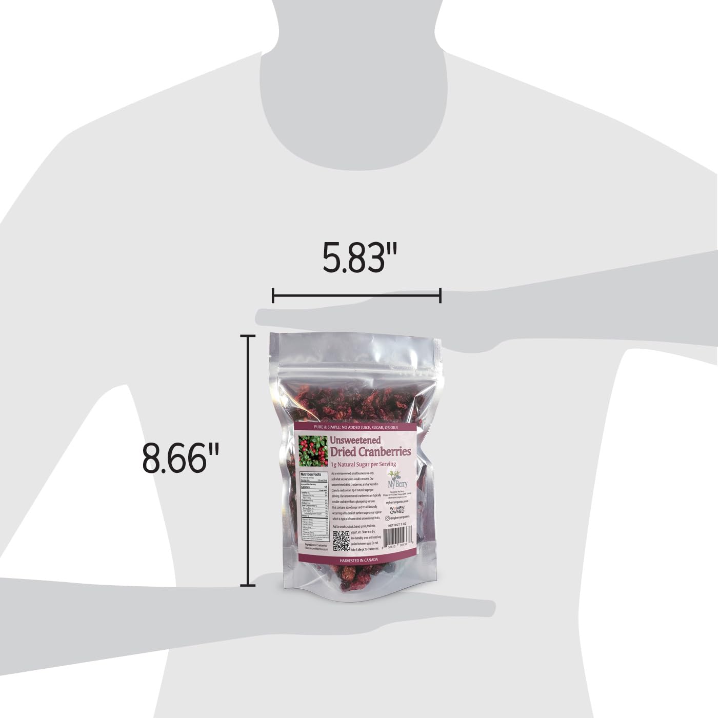 Unsweetened Dried Cranberries by My Berry | 3oz | Naturally Tart: 1g Natural Sugar Per Serving | Non-GMO | No Added Sugar, Juice or Oils | More