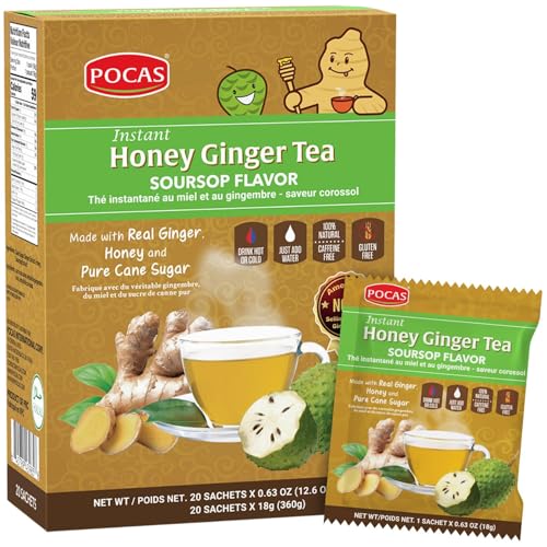 Pocas Honey Ginger Instant Tea Powder, Soursop Flavor, Real Ginger Extract & Sweetener, Caffeine-Free Tea, 20 Packets