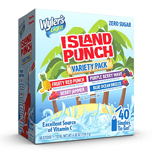 Wyler's Light Island Punch Singles to Go, Variety Pack, Fruity Red Punch, Purple Berry Wave, Berry Jammer and Blue Ocean Breeze, 1 Box (40 Single