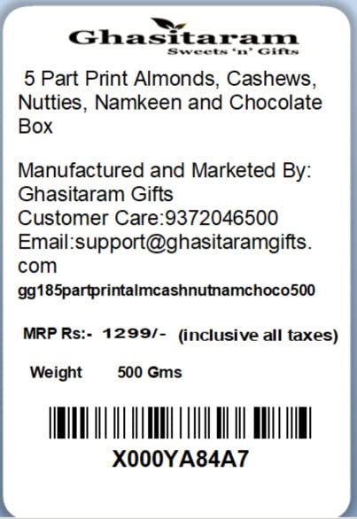 Ghasitaram Gifts Dry Fruit - 5 Part Print Almonds, Cashews, Nutties, Namkeen and Chocolate Box